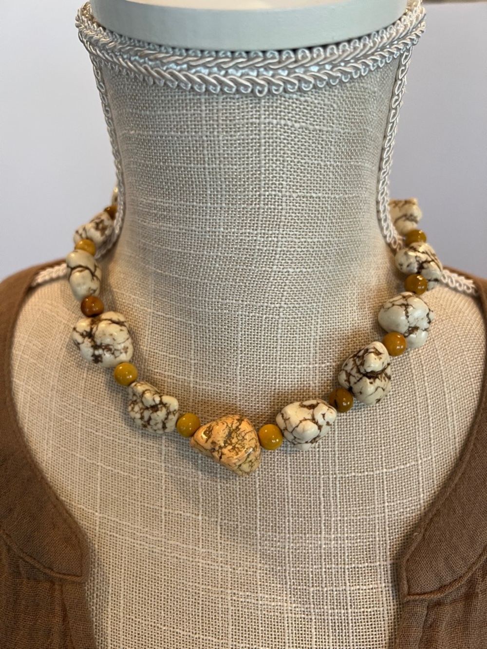 Cream and Mustard Stone Beaded Necklace — Natural Bead Statement